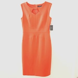Ellen Tracy Dress CORAL color Sheath Dress Midi Sleeveless w Built In necklace
